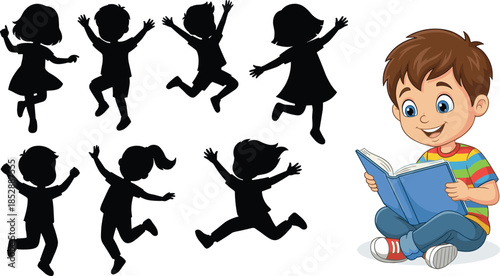 Silhouettes of children jumping, playful movement, reading boy, striped shirt, blue pants, contrast activity, black figures, dynamic pose, calm focus, childhood engagement