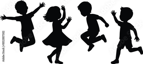 Silhouettes of children jumping, playful poses, energetic movement, black figures, joyful activity, dress, shorts, t-shirt, childhood fun, freedom, outdoor play, expressive posture