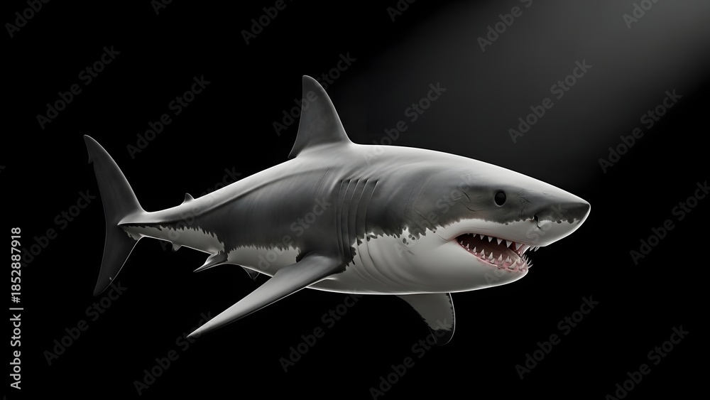 Fototapeta premium Great white shark swimming with spotlight effect on dark background