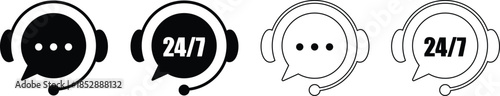 Customer Support Icons with Headsets in Various Styles and 24/7 Service Indication in Simple Flat Design for Web and Mobile Applications