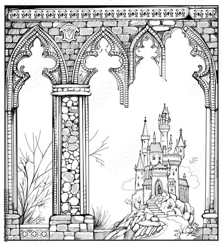 Fantasy illustration of French landscape with an ancient ruins, stone wall and castle. Background with gothic medieval architecture in western Europe. Black and white drawing. Hand drawn vector.