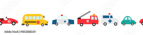 Seamless border with cute cars. Childish endless pattern isolated on white