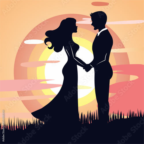 Romantic Couple Silhouette at Sunset. Propose Day.	
