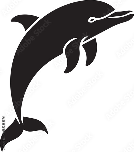 Minimal silhouette style vector dolphin logo design featuring clean black shapes, smooth flowing line art, modern minimalist marine animal icon ideal for branding, ocean conservation projects, aquatic