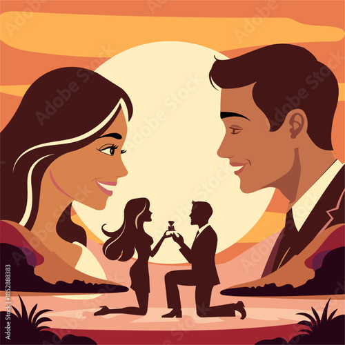 Romantic Couple Silhouette at Sunset. Propose Day.	