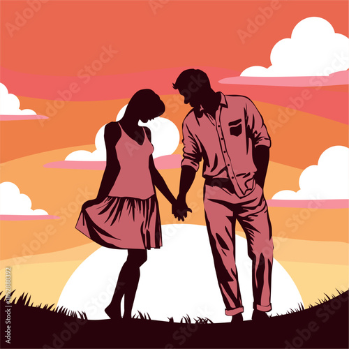 Romantic Couple Silhouette at Sunset. Propose Day.	