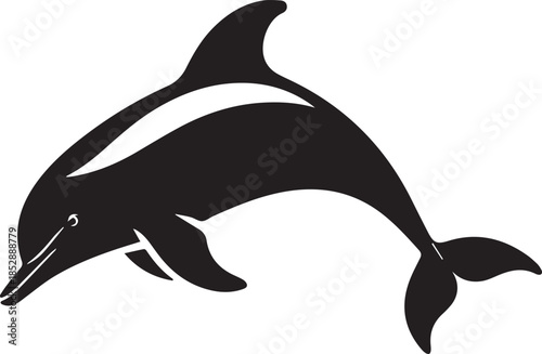 Minimal silhouette style vector dolphin logo design featuring clean black shapes, smooth flowing line art, modern minimalist marine animal icon ideal for branding, ocean conservation projects, aquatic
