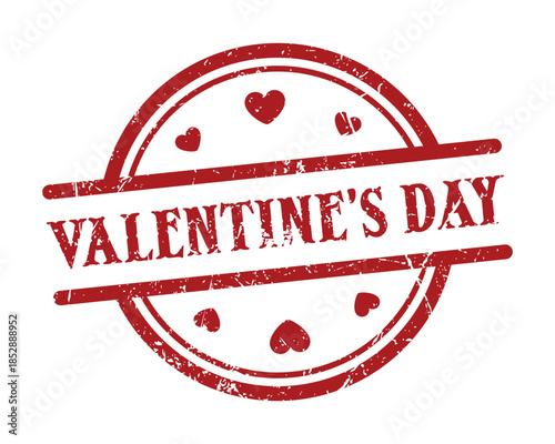Red Grunge Valentines Day Rubber Stamp Illustration, Distressed Circular Ink Stamp with Hearts and Holiday Text, Romantic Vintage Label Design for Cards, Prints and Creative Projects