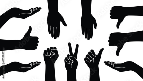 Silhouettes of hands in gestures, thumbs up, peace sign, fist, open palm, black icons, circular layout, expressive poses, communication, symbolic meaning