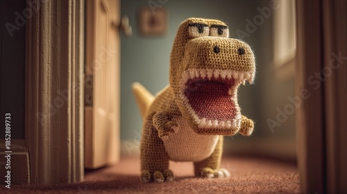 Creative Kids Playing with Toy Bricks A crocheted dinosaur toy in a cozy room.