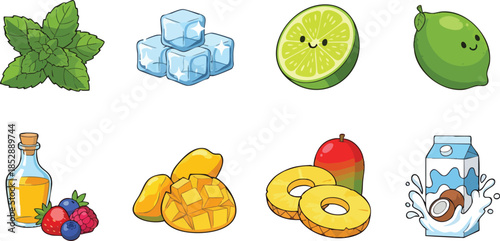Various food items and ingredients for drinks and recipes.