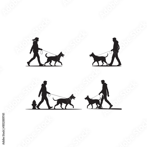 Black Color Tree Urban Dog Walking Silhouette Vector Illustration, Solid White Background.