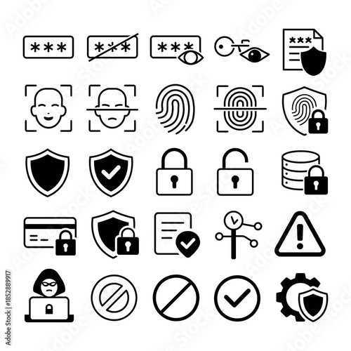 Minimal black and white security and privacy icon set featuring passwords, Face ID, fingerprint authentication, data protection, secure payments, access control and warning symbols. Ideal for websites