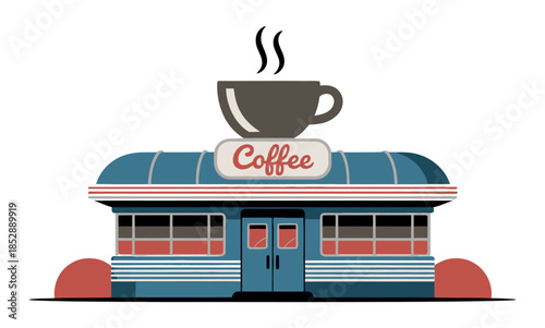 A vintage diner building with a large coffee cup atop its sign.