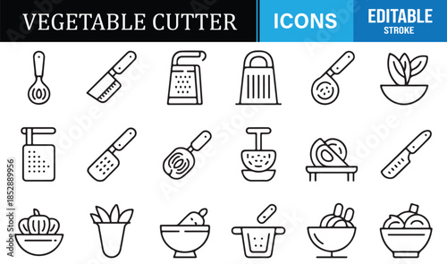 Editable outline kitchen cutter icons on white background