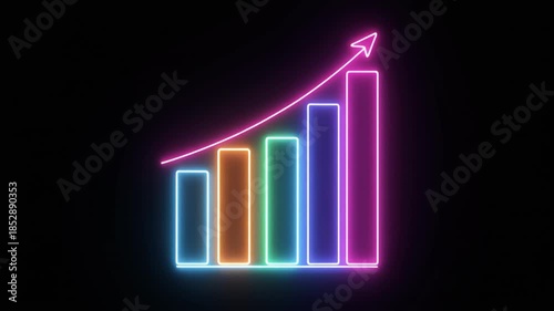 Neon bar chart with rising arrow and multi-colored bars on black background glowing