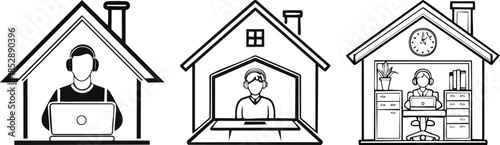 Remote worker home icon with house outline and user avatar minimal work from home symbol