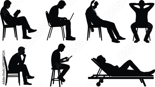 Silhouettes of seated people, reading, relaxing, using laptop, thinking, wearing headphones, reclining, ergonomic posture, black figures, chair, stool, lounge, casual activity