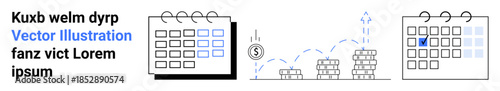 Finance, savings, economic growth, calendar planning, time management, investment strategies. Calendar icons and stacked money with a growth chart. Finance and savings concept