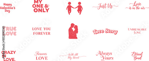 Romantic couple illustrations with love phrases