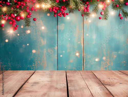 Turquoise wooden wall with pine branches and red berries creates a joyful holiday backdrop, symbolizing tradition, warmth, and festive cheer with space for seasonal text.
