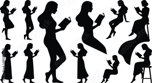 Silhouettes of women reading books, standing, sitting, walking, black figures, varied poses, hairstyle, clothing style, literacy, education, literature, expressive posture