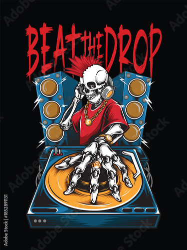 skull disc jockey playing music tshirt illustration
