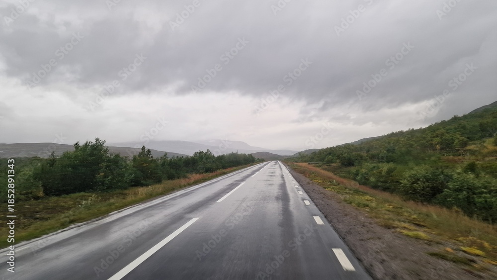 Obraz premium A road trip through Scandinavia is defined by vast forests, countless lakes, frequent rain, and a strong feeling of wilderness and solitude. The landscape is dominated by boreal forest, calm w