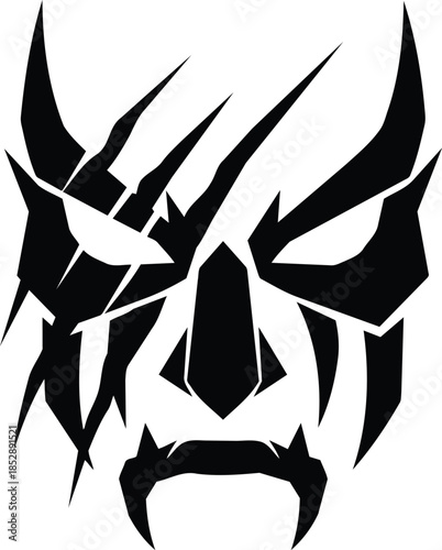 Abstract tribal mask design with sharp edges and menacing expression.