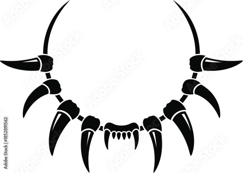 Black and white illustration of a tribal necklace made of animal teeth and claws.