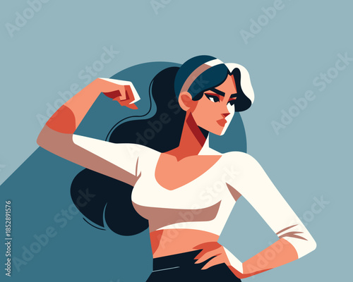Strong woman flexing her muscles in a confident pose on blue background