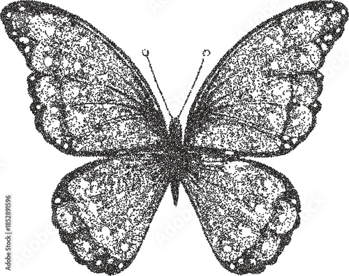 Butterfly vintage y2k stipple art, wings halftone stipple brutalist retro vector png with transparent background, flutter 2000s aesthetic photocopy effect tattoo