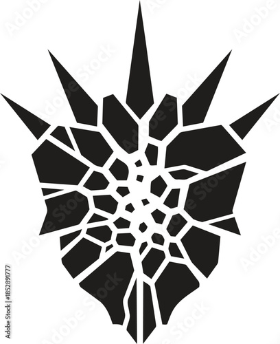 Shattered shield with sharp spikes a symbol of broken strength and resilience.