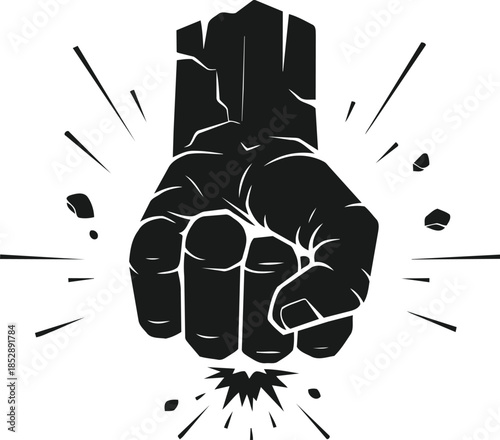 Powerful Fist Punching Down with Cracks and Rays.