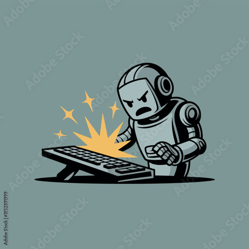 Frustrated robot slams fist onto a computer keyboard, sparks fly from the impact.