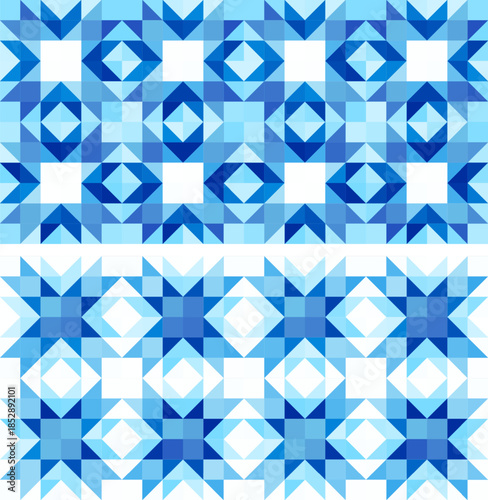 Winter stars design, Festive seamless vector patterns with geometric star motifs, blue and white colors