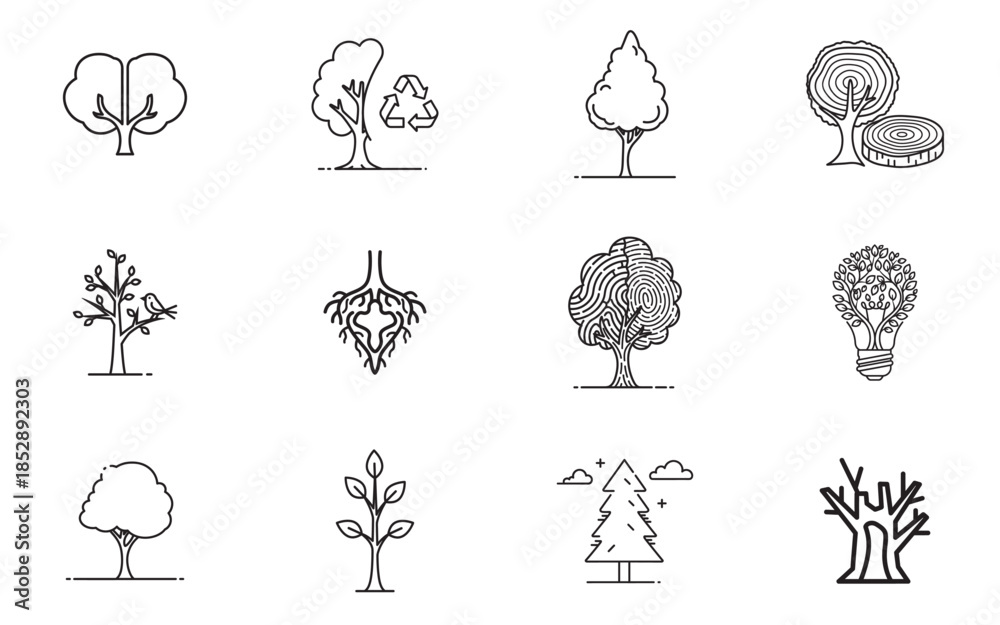 Fototapeta premium Set of various tree silhouettes isolated on transparent background