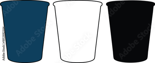 Three Plastic Cups in Blue White and Black on White Background
