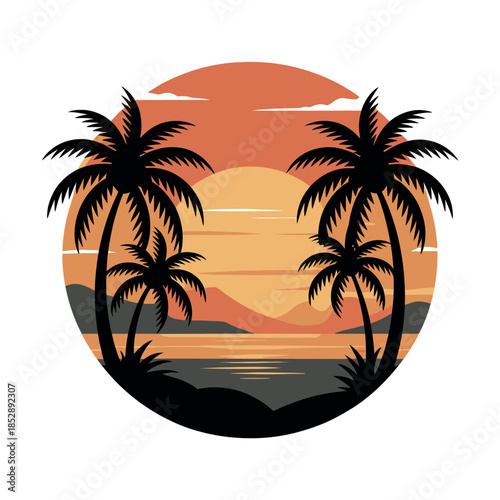 Tropical palm trees silhouette against a vibrant sunset over the ocean.