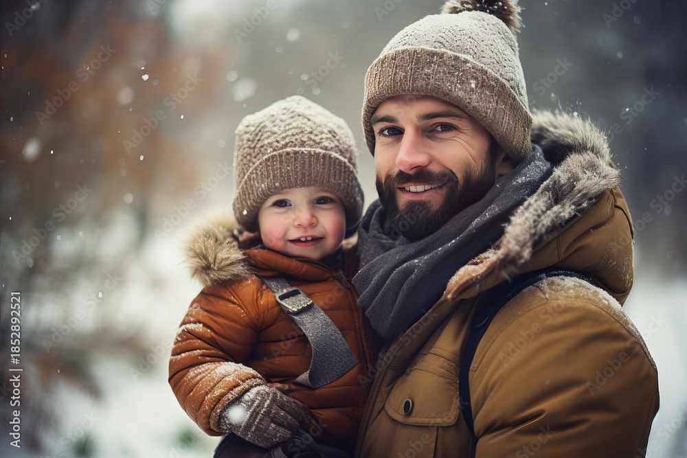 Fototapeta premium Happy father holding his smiling son during a snowy day in a winter forest