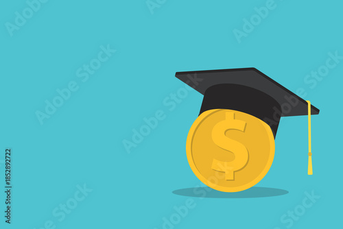 Education finance concept with graduation cap and dollar coin.