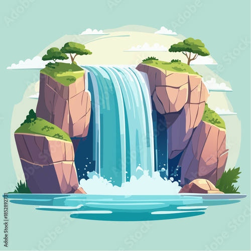 Cartoon illustration of a waterfall cascading between rocky cliffs into a serene pool, with trees and clouds.