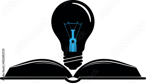 Innovative Education Concept: Open Book Silhouette with Lightbulb and Drafting Compass Divider Filament. STEM Learning, Pedagogy, Architectural Design, and Creative Engineering Wisdom.