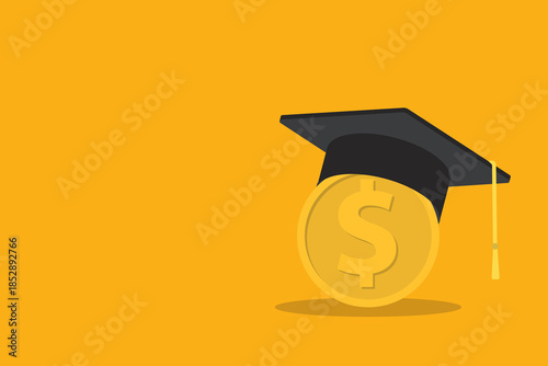 Education finance concept with graduation cap and dollar coin.