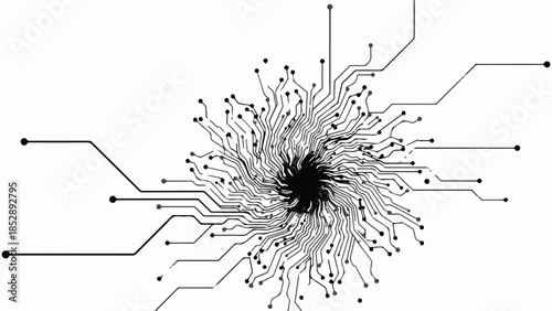 Intricate electronic circuit board pattern radiating outward like a digital sunburst
