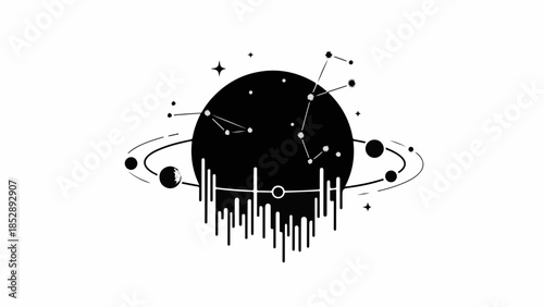 Mysterious planet with celestial constellations and orbiting rings against a white background.