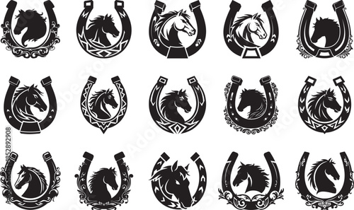 Horseshoe icons set black and white good luck symbol vector