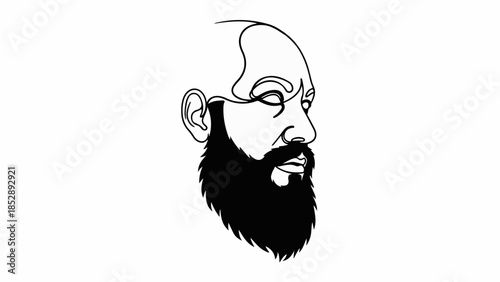 Minimalist line art portrait of a thoughtful bald man with a full beard