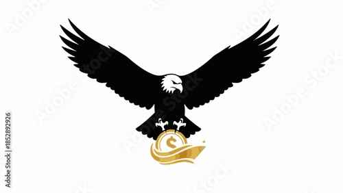 Majestic eagle with wings spread wide, holding a golden ribbon.