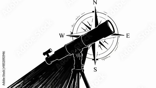 Telescope focused on a compass, symbolizing exploration and discovery of new directions.